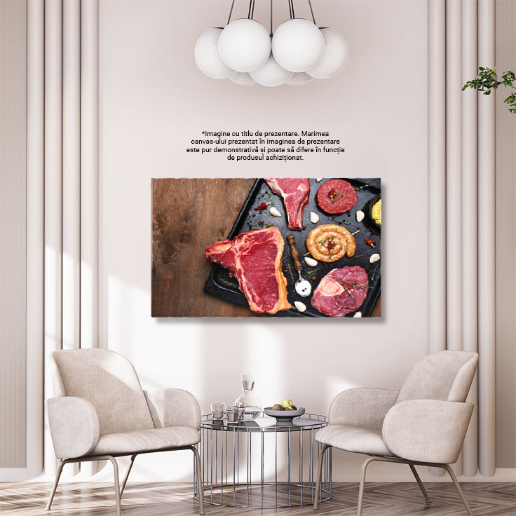 Tablou Canvas Asortiment de Diferite tipuri de Carne Diverse tipuri de carne, cum ar fi friptura, biftec, preparate la gratar si delicatese din carne de porc 40x25CM [3]