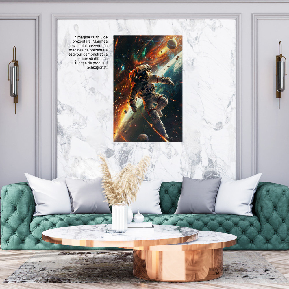 Tablou Canvas  Astronaut in Costum Alb cu Ghiozdan in Spate Leviteaza in Spatiu Printre Planete si Meteoriti , Pictura Digitala 70x50CM [5]