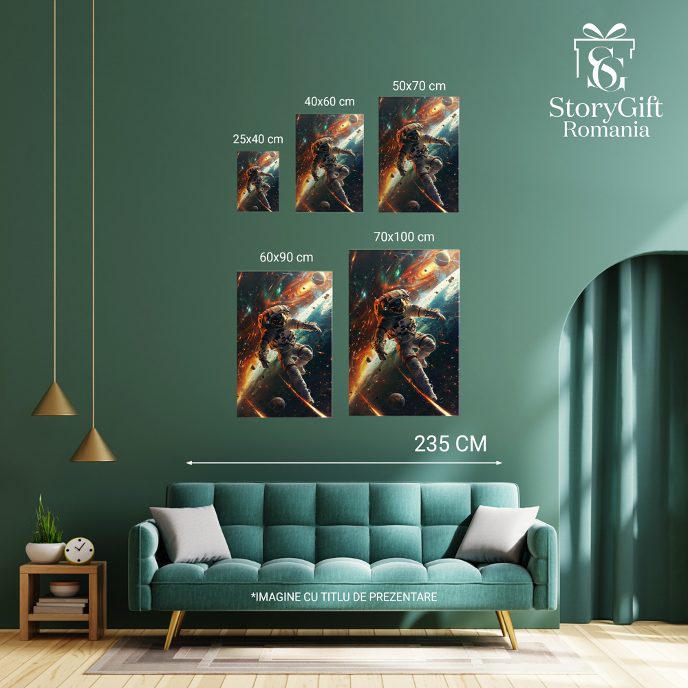 Tablou Canvas  Astronaut in Costum Alb cu Ghiozdan in Spate Leviteaza in Spatiu Printre Planete si Meteoriti , Pictura Digitala 70x50CM [4]