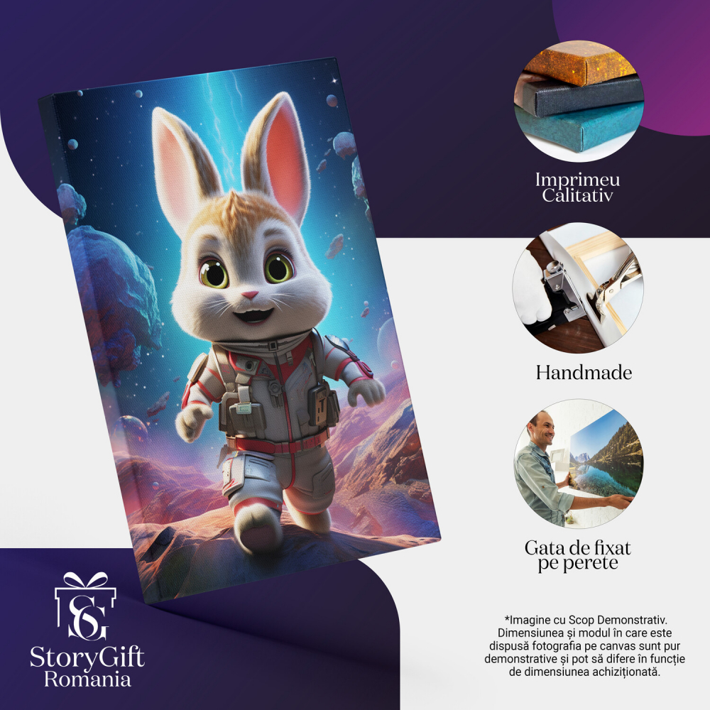 Iepuraș Astronaut pe Meteoriti - Pictură Digitală cu Echipament Gri și Roșu, Marime 40x25CM [2]