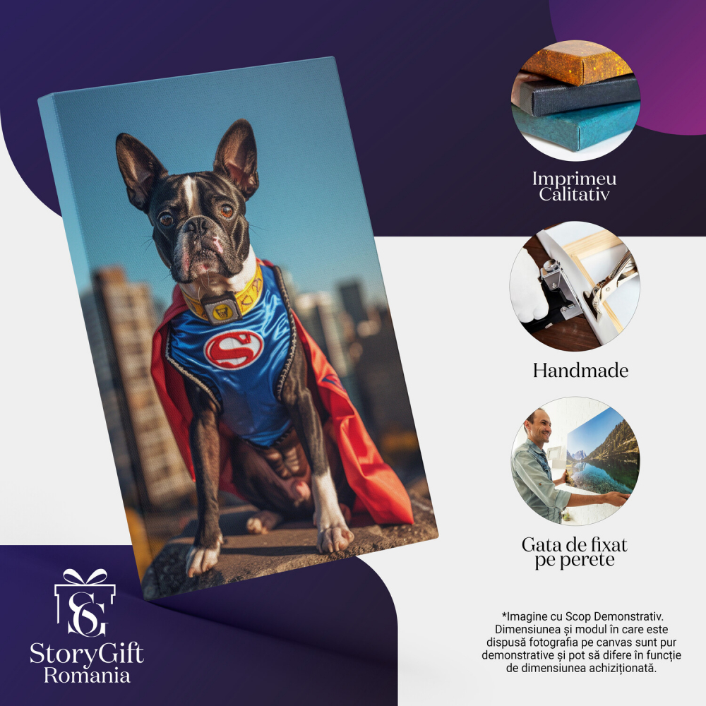 Tablou Canvas Boston Terrier Superman pe Stâncă cu Oras în Fundal, Marime 40x25CM [2]