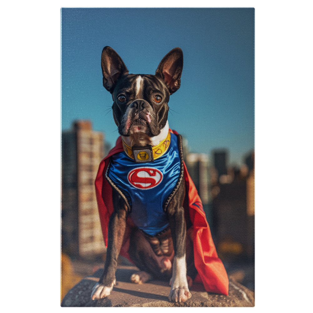 Tablou Canvas Boston Terrier Superman pe Stâncă cu Oras în Fundal, Marime 40x25CM [1]