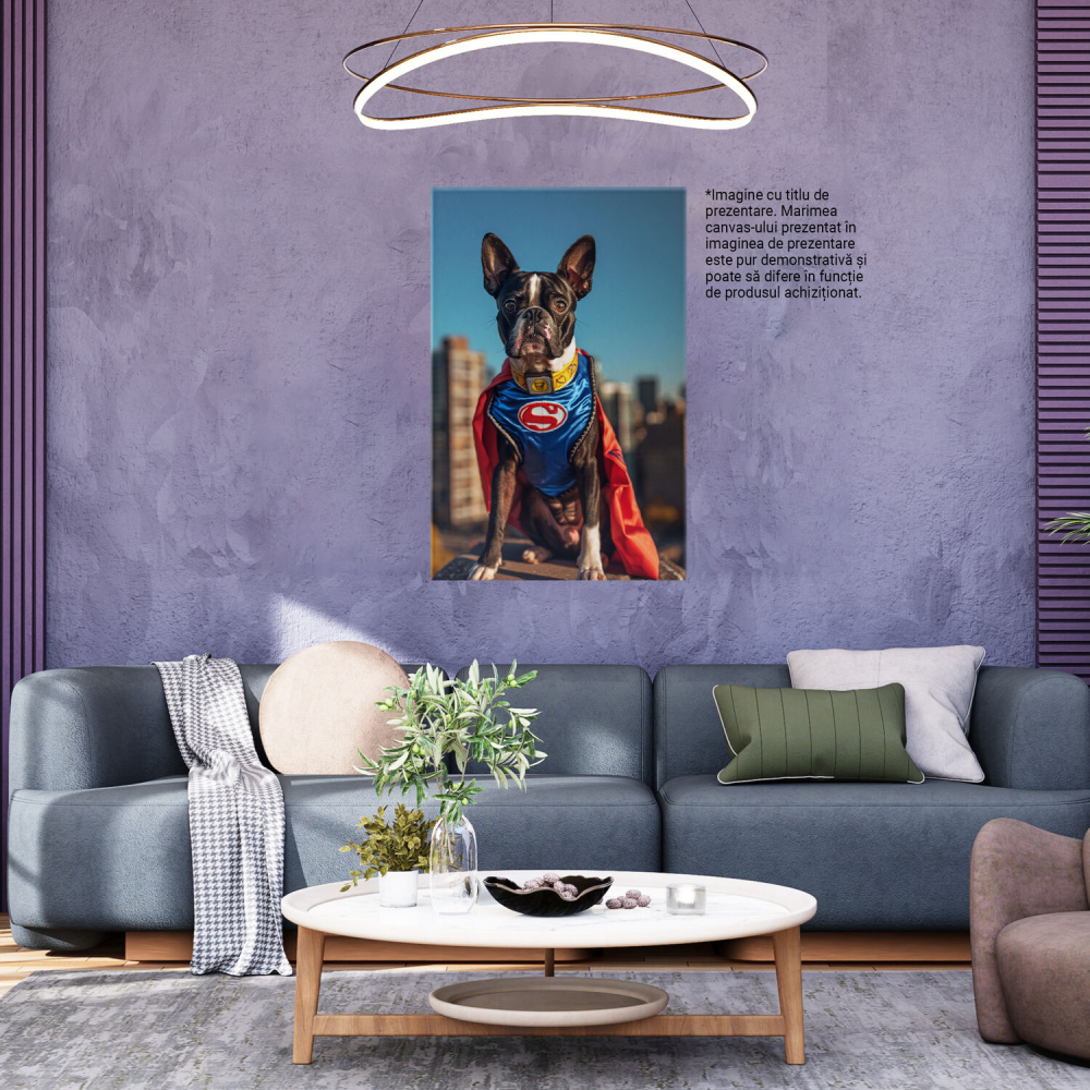 Tablou Canvas Boston Terrier Superman pe Stâncă cu Oras în Fundal, Marime 40x25CM [3]