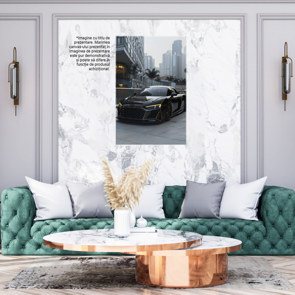 Tablou Canvas  Audi Negru Masina Sport Lucioasa cu Detalii Galbene Merge pe o Strada cu Blocuri Inalte , Pictura Digitala 40x25CM [3]