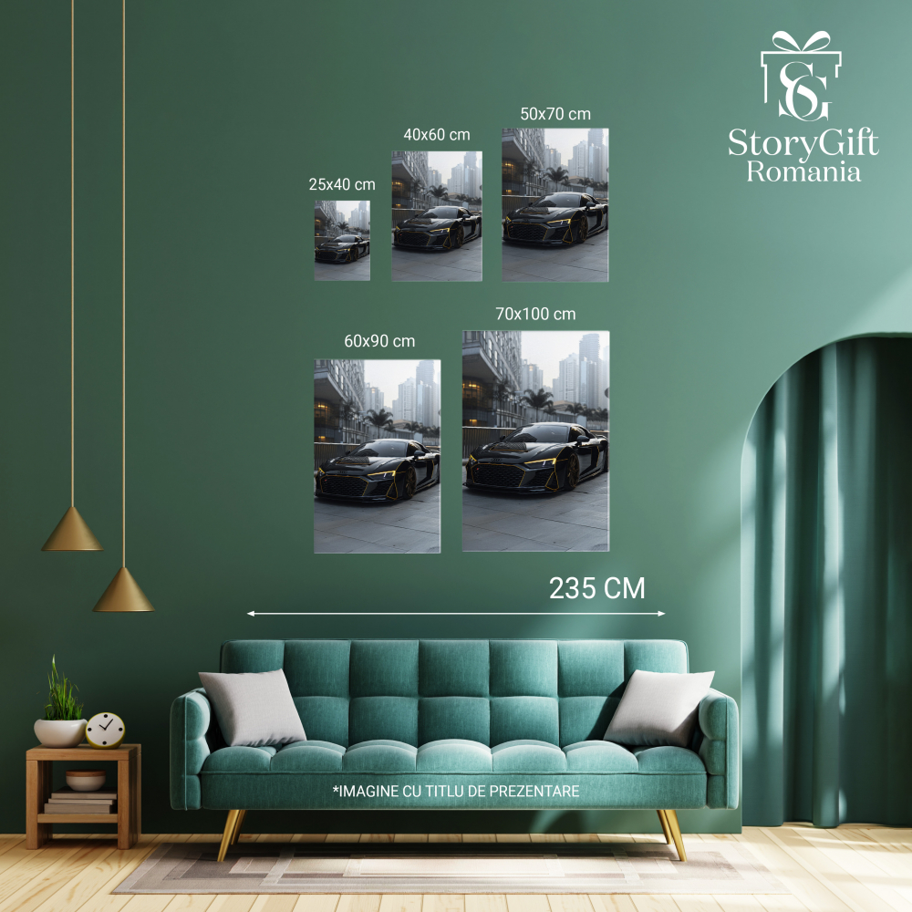 Tablou Canvas  Audi Negru Masina Sport Lucioasa cu Detalii Galbene Merge pe o Strada cu Blocuri Inalte , Pictura Digitala 40x25CM [4]