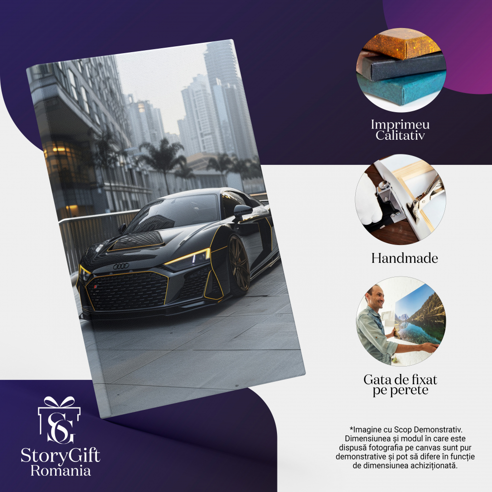 Tablou Canvas  Audi Negru Masina Sport Lucioasa cu Detalii Galbene Merge pe o Strada cu Blocuri Inalte , Pictura Digitala 40x25CM [2]