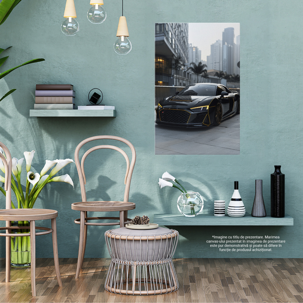 Tablou Canvas  Audi Negru Masina Sport Lucioasa cu Detalii Galbene Merge pe o Strada cu Blocuri Inalte , Pictura Digitala 40x25CM [5]