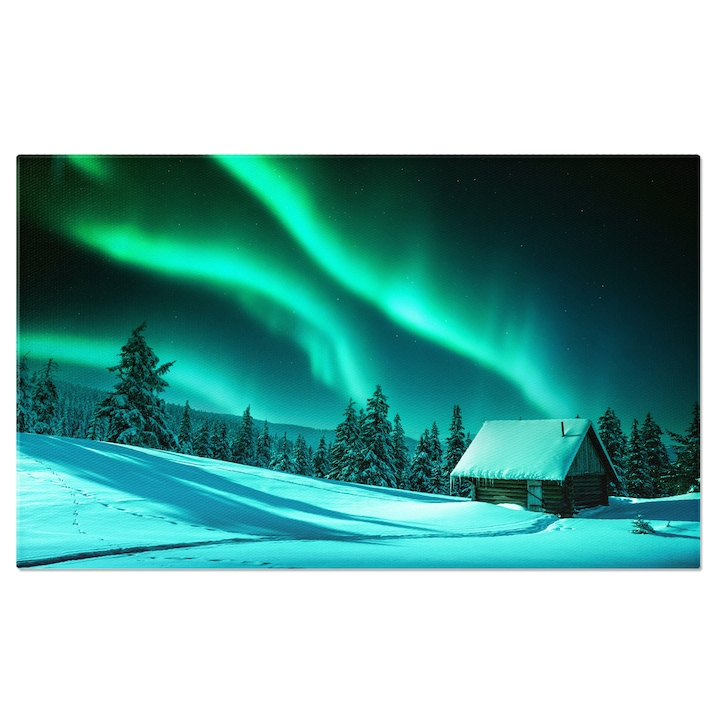 Tablou Canvas Aurora Boreala Peisaj Minunat Nordic, Casa, Luminile Nordului, Peisaj, Albastru 40x25CM [1]