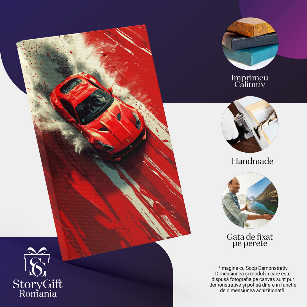 Tablou Canvas Ferrari Roșu în Viteză pe Drum Colorat | Pictură Digitală, Marime 40x25CM [2]