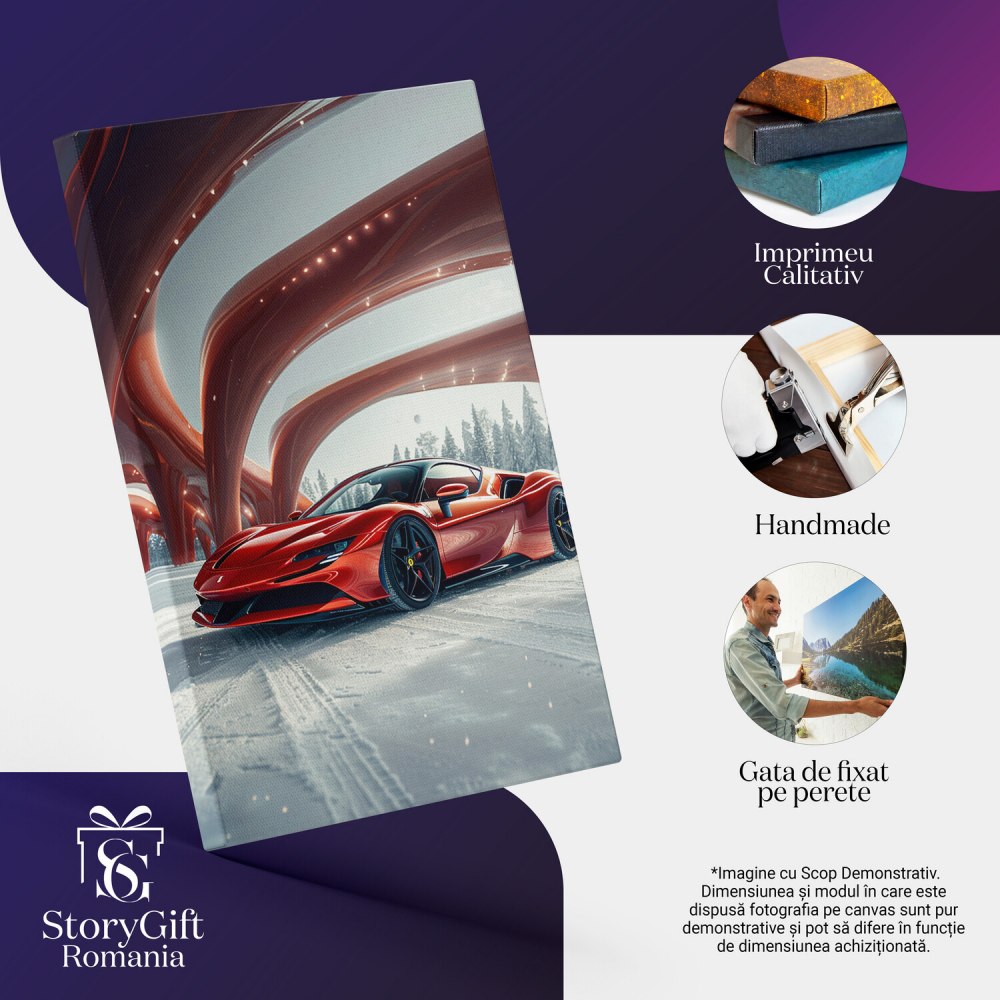 Tablou Canvas Ferrari Roșu pe Drum cu Zăpadă și Arcade cu LED - Artă Digitală Modernă, Marime 40x25CM [2]