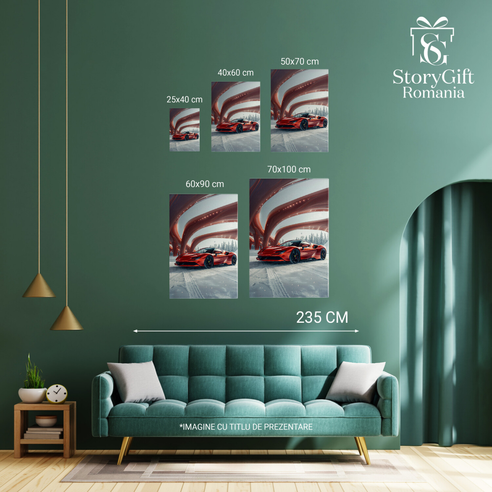 Tablou Canvas Ferrari Roșu pe Drum cu Zăpadă și Arcade cu LED - Artă Digitală Modernă, Marime 40x25CM [4]