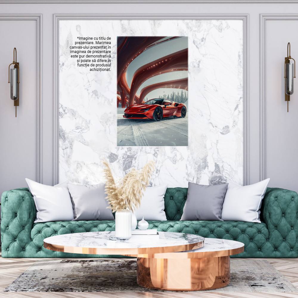 Tablou Canvas Ferrari Roșu pe Drum cu Zăpadă și Arcade cu LED - Artă Digitală Modernă, Marime 40x25CM [3]