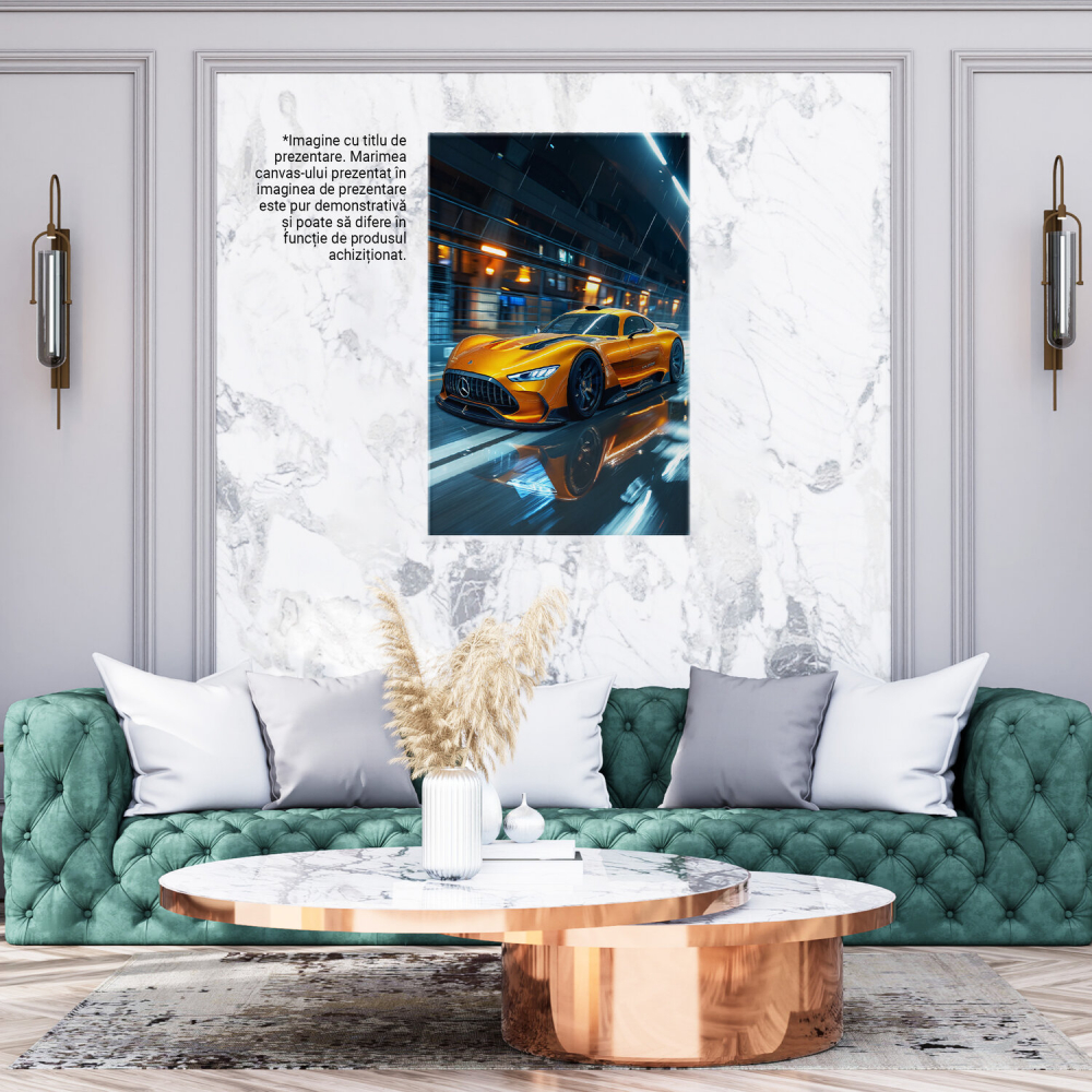 Tablou Canvas Mercedes Galben Sport în Viteză | Pictură Digitală cu Plouă și Restaurant, Marime 40x25CM [3]