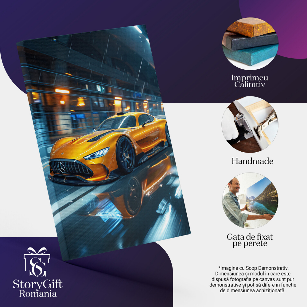 Tablou Canvas Mercedes Galben Sport în Viteză | Pictură Digitală cu Plouă și Restaurant, Marime 40x25CM [2]