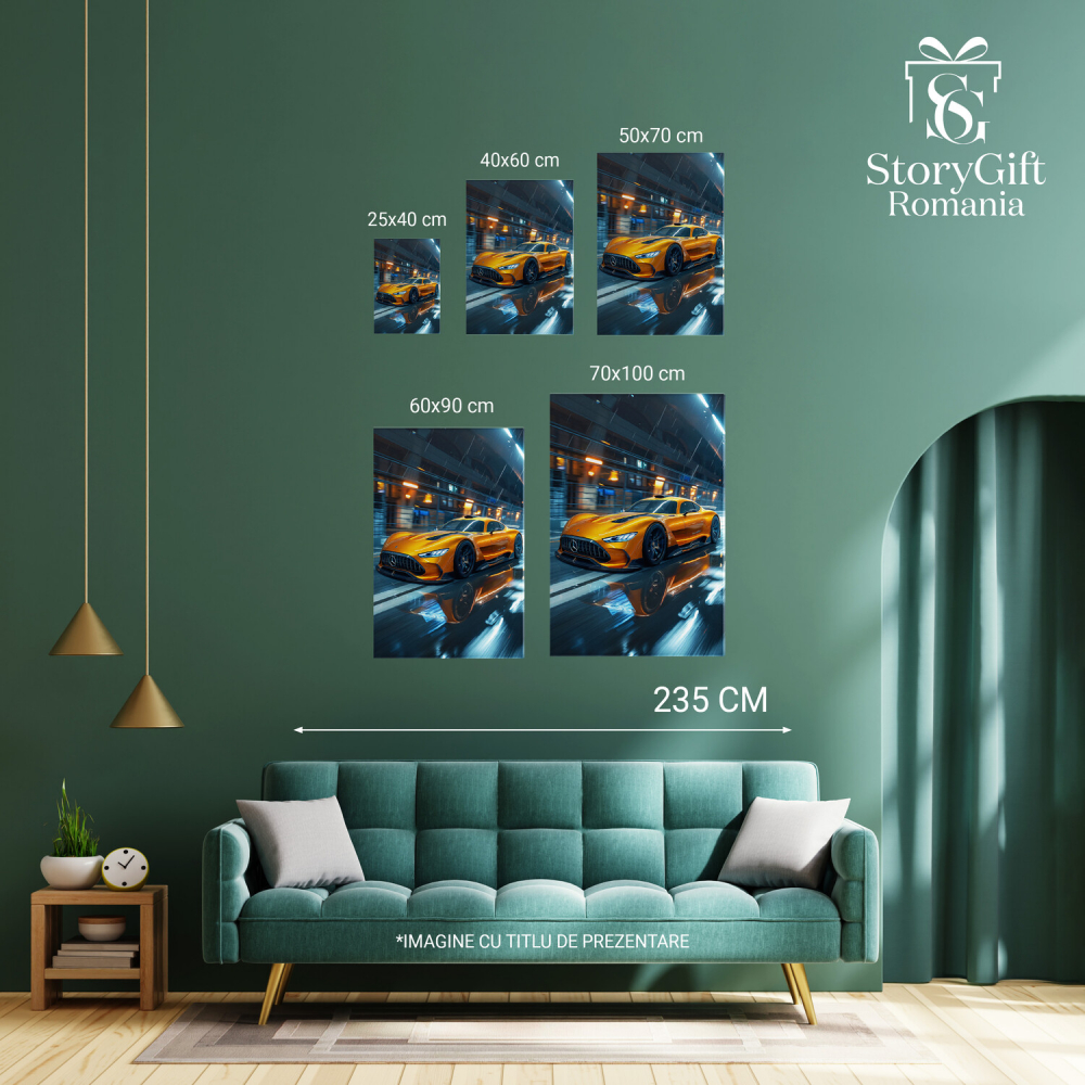Tablou Canvas Mercedes Galben Sport în Viteză | Pictură Digitală cu Plouă și Restaurant, Marime 40x25CM [4]