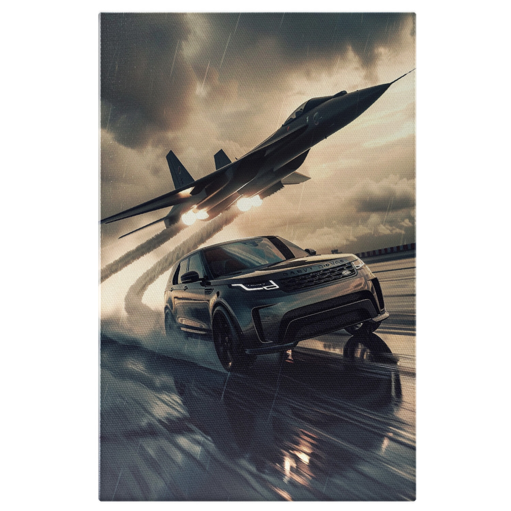 Gray Range Rover on Wet Road in Rain with White Airplane – Digital Art, Marime 40x25CM [1]