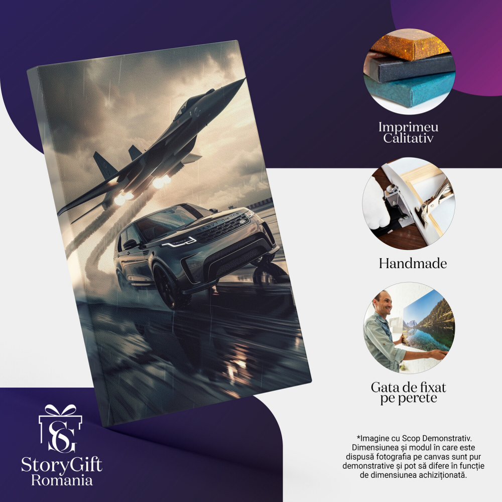 Gray Range Rover on Wet Road in Rain with White Airplane – Digital Art, Marime 40x25CM [2]