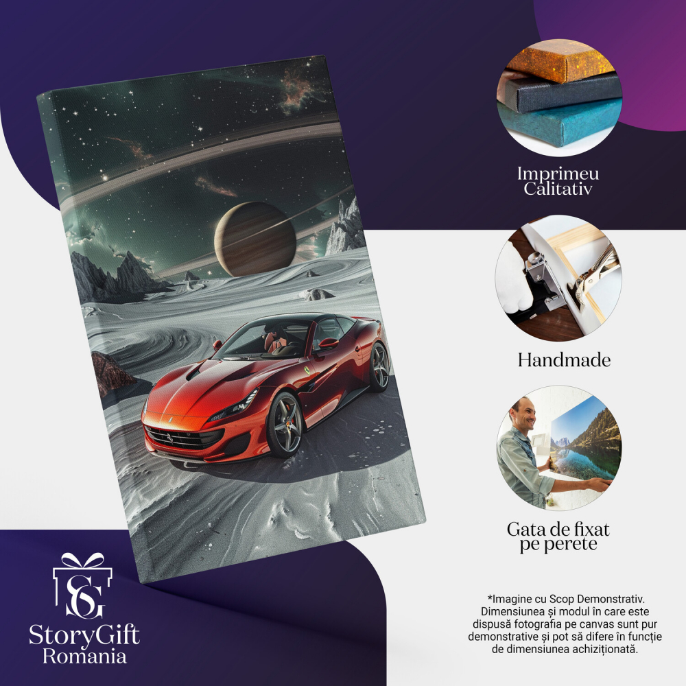 Tablou Canvas - Autoturism Sport Roșu cu Zăpadă și Planete: Aventură Spațială a Mașinii, Marime 40x25CM [2]