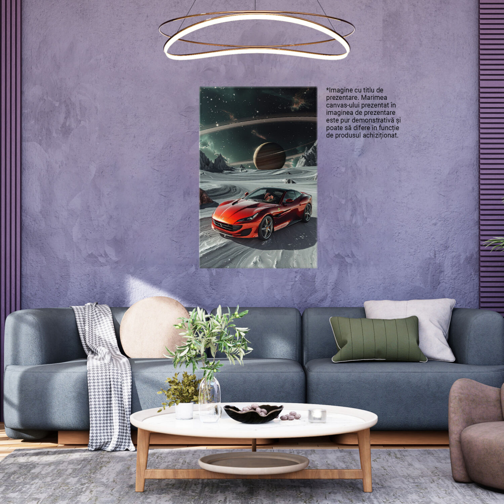 Tablou Canvas - Autoturism Sport Roșu cu Zăpadă și Planete: Aventură Spațială a Mașinii, Marime 40x25CM [3]