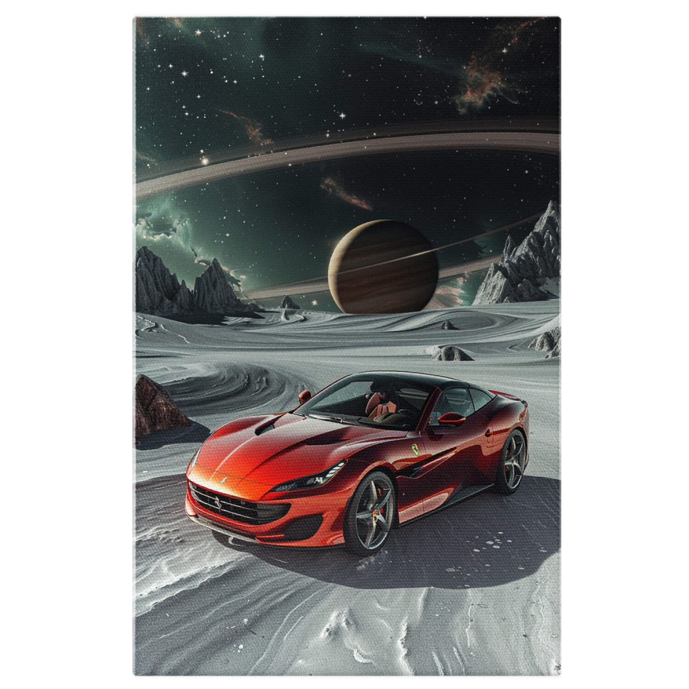 Tablou Canvas - Autoturism Sport Roșu cu Zăpadă și Planete: Aventură Spațială a Mașinii, Marime 40x25CM [1]