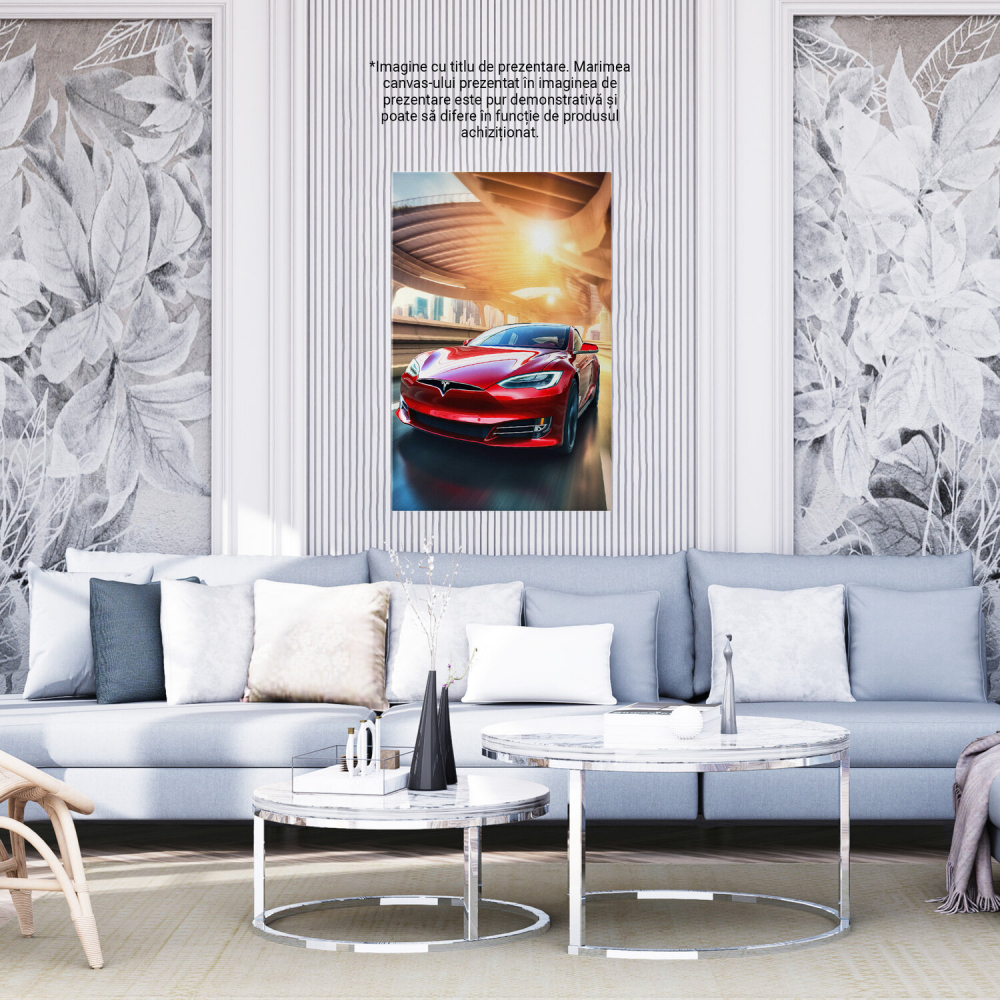 Tablou Canvas Tesla Roșie pe Șosea | Pictură Digitală Autovehicul Electric, Marime 40x25CM [4]