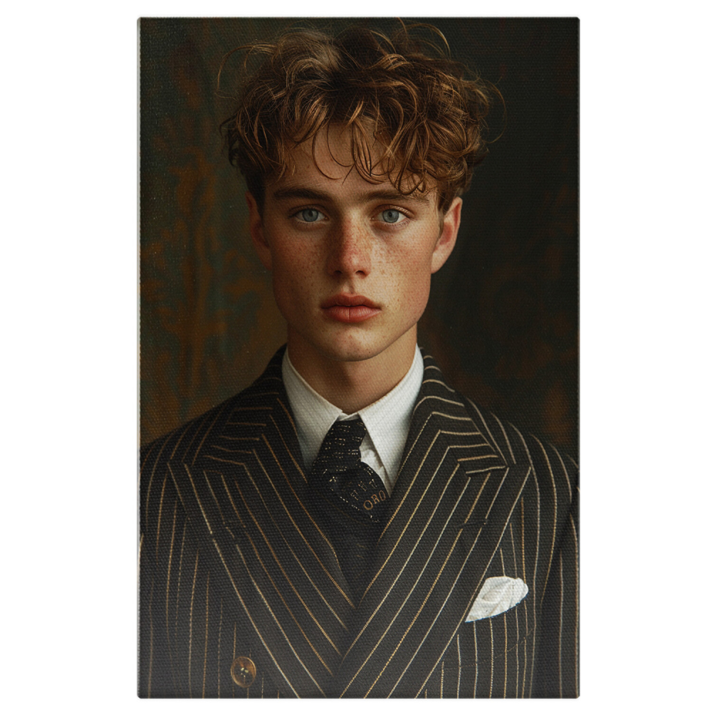 Tablou Canvas Băiat Chipeș cu Ochii Luminati și Pistrui în Cămașă Albă cu Cravată și Sacou Dungat | Pictură Digitală, Marime 40x25CM [1]