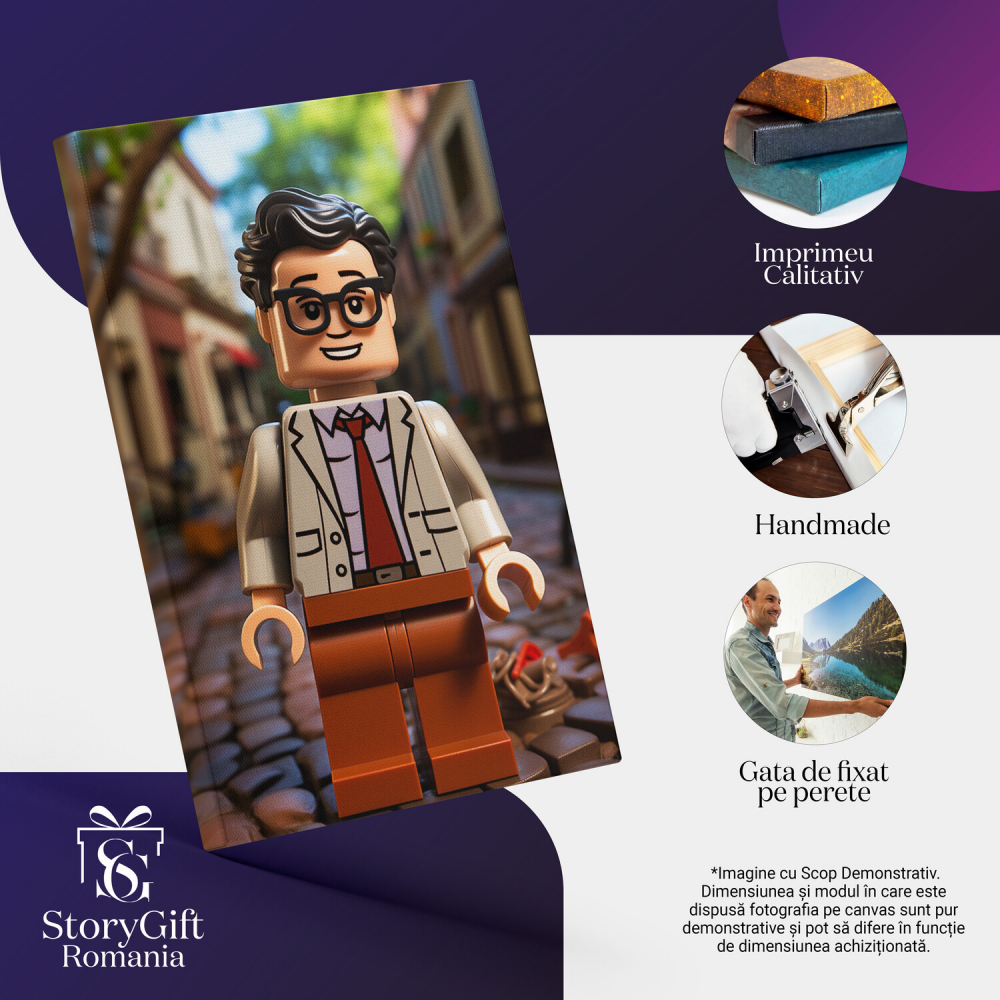 Tablou Canvas - Baiat Lego Figurina pe Strada de Pietre în Bej și Maro cu Cravată, Marime 40x25CM [2]