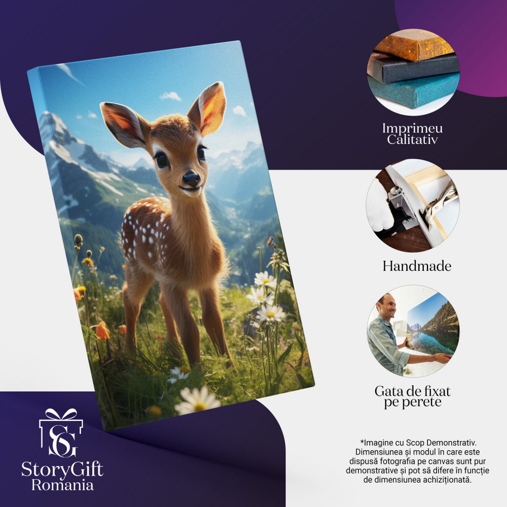 Bambi - Căprioară Drăguță cu Chipul Luminat și Urechile Lungi în Câmpul cu Flori - Pictură Digitală, Marime 40x25CM [2]