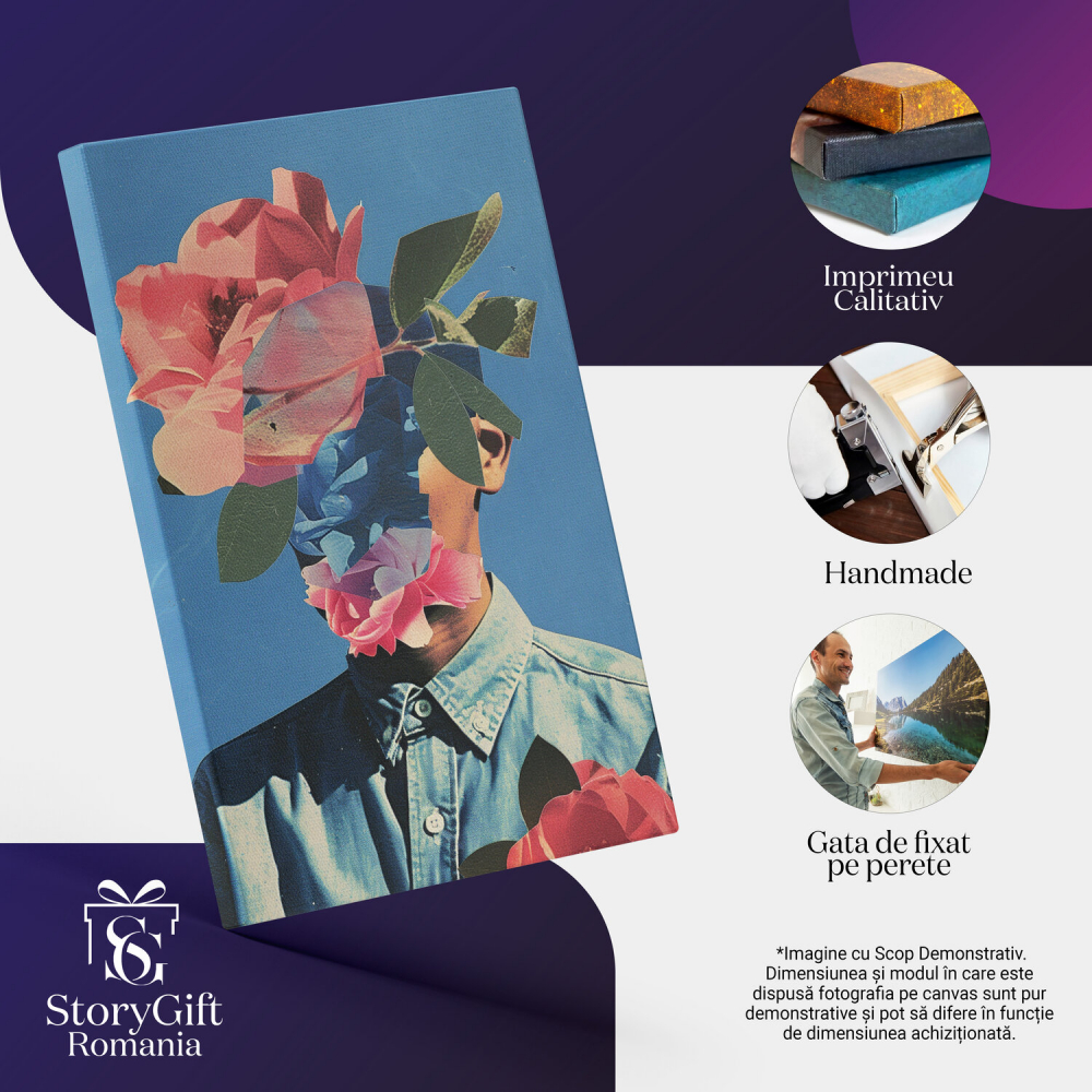 Tablou Canvas - Bărbat cu Chipul Acoperit de Flori Sălbatice, Cămașă și Flori Delicate, Marime 40x25CM [2]