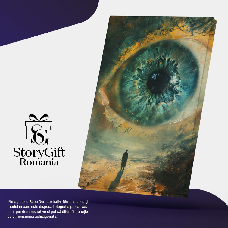 Tablou Canvas  Barbat in Palton Lung care se uita Curios la Ochiul Minuat Albastru cu Gene Lungi langa Mare , Pictura Digitala 40x25CM [5]