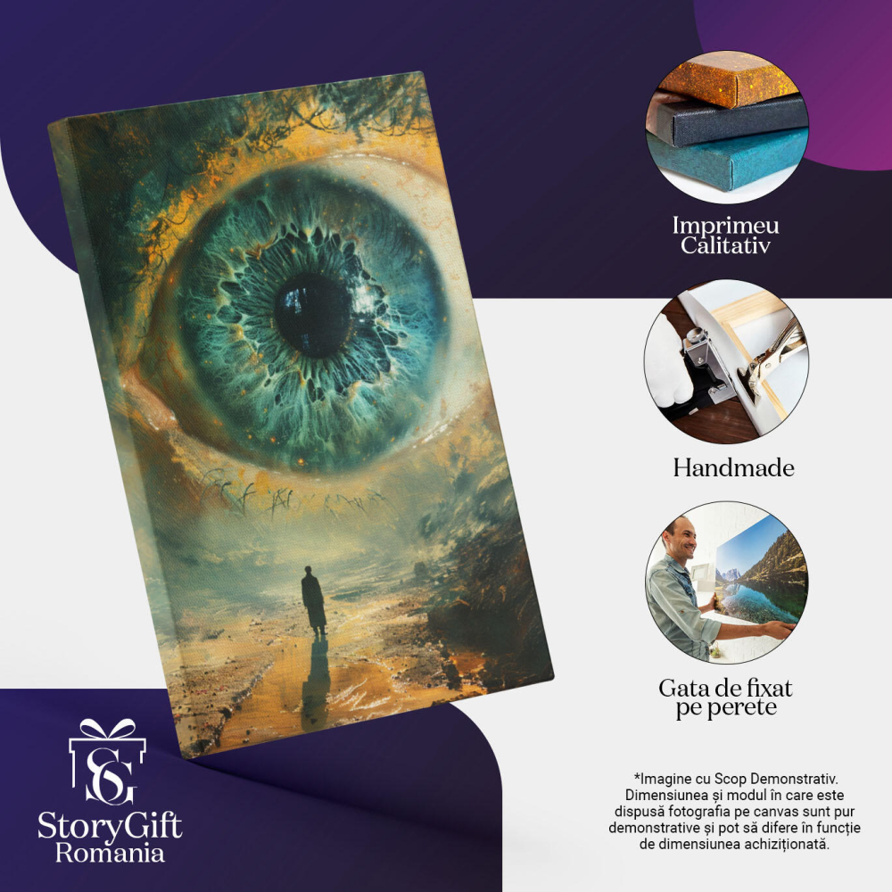 Tablou Canvas  Barbat in Palton Lung care se uita Curios la Ochiul Minuat Albastru cu Gene Lungi langa Mare , Pictura Digitala 40x25CM [3]