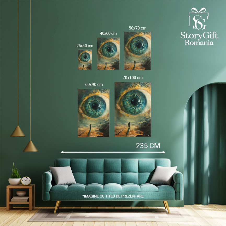 Tablou Canvas  Barbat in Palton Lung care se uita Curios la Ochiul Minuat Albastru cu Gene Lungi langa Mare , Pictura Digitala 40x25CM [4]