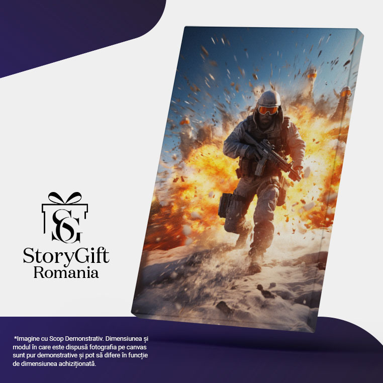 Tablou Canvas:  Barbat in Razboi cu Pusca in Mana fungind de Foc cu Vesta Inarmat si Casca  Pictura Digitala 40x25CM [5]