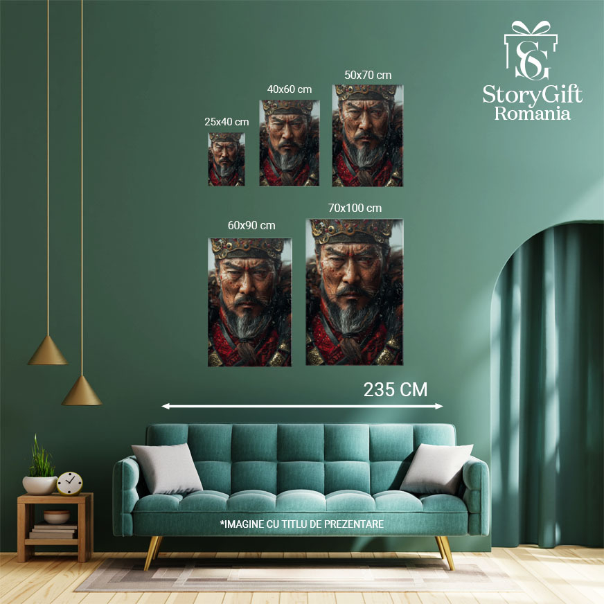 Tablou Canvas  Barbat Japonez Shogun cu Taieturi pe Fata cu Barba Carunta in Costum Rosu cu Coroana , Pictura Digitala 40x25CM [4]