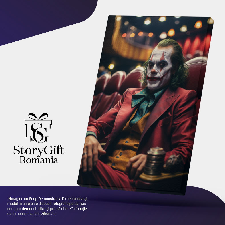 Tablou Canvas:  Barbat Jocker cu Parul Verde si Vesta Galbena in Sala de Cinema Pictat pe Fata Pictura Digitala 40x25CM [5]
