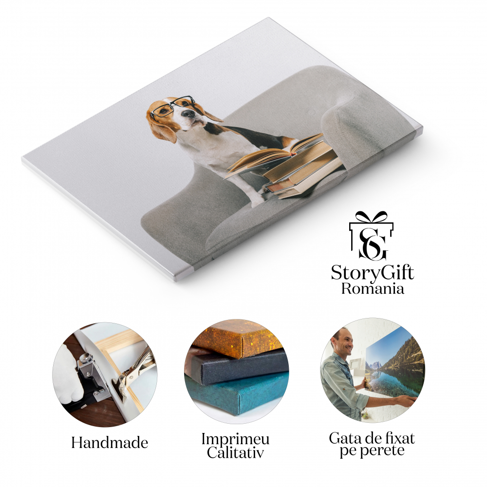 Tablou Canvas Beagle Dragut in Fotoliu cu Carti pe Fundal Gri animal, fotoliu, beagle, carti, dragoste, educare 70x50CM [2]