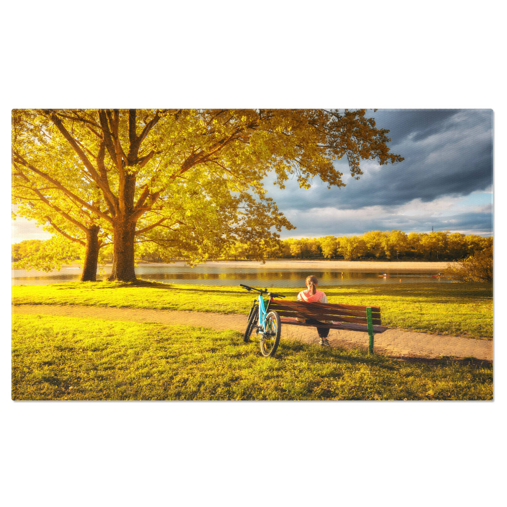 Tablou Canvas Bicicleta în Toamnă: Relaxare la Lacul de Parc, Marime 40x25CM [1]