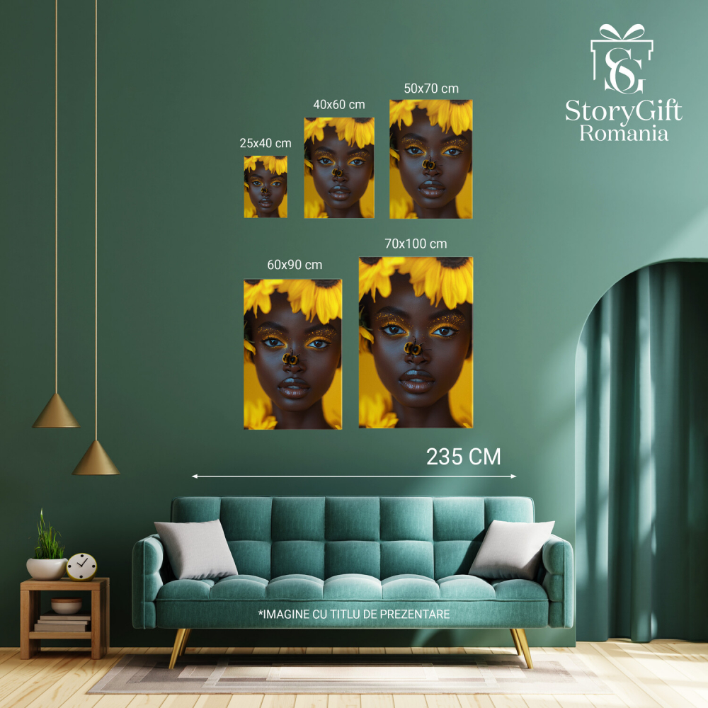 Tablou Canvas Femeie Afro-Americană Învăluită în Flori Galbene cu Albina pe Nas | Pictură Digitală, Marime 40x25CM [4]