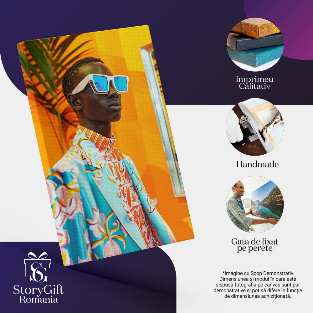 Stylish Black Man with Glasses and Braids in Orange Striped Shirt and Floral Blue Blazer – Digital Art, Marime 40x25CM [2]