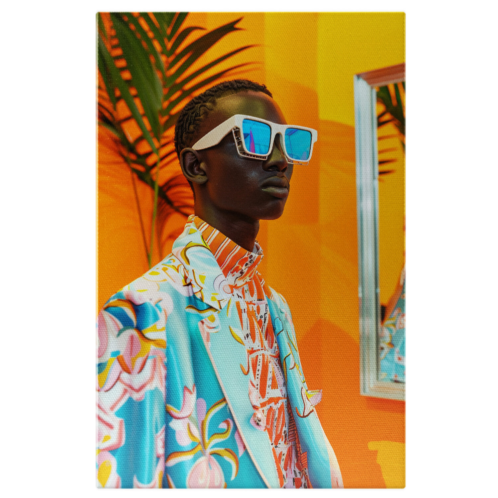 Stylish Black Man with Glasses and Braids in Orange Striped Shirt and Floral Blue Blazer – Digital Art, Marime 40x25CM [1]