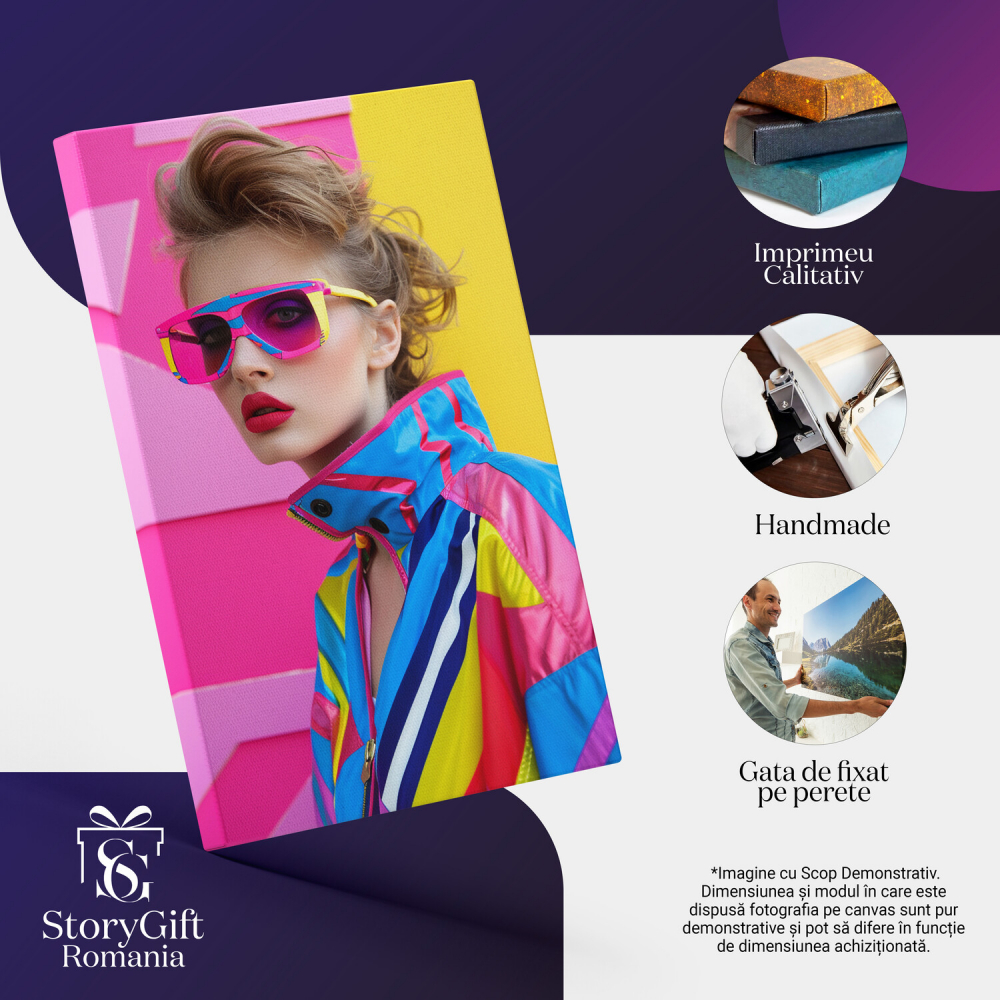 Stylish Blonde Woman in Colorful Jacket with Red Lips and Glasses Next to a Pink-Yellow Wall – Digital Art, Marime 40x25CM [2]