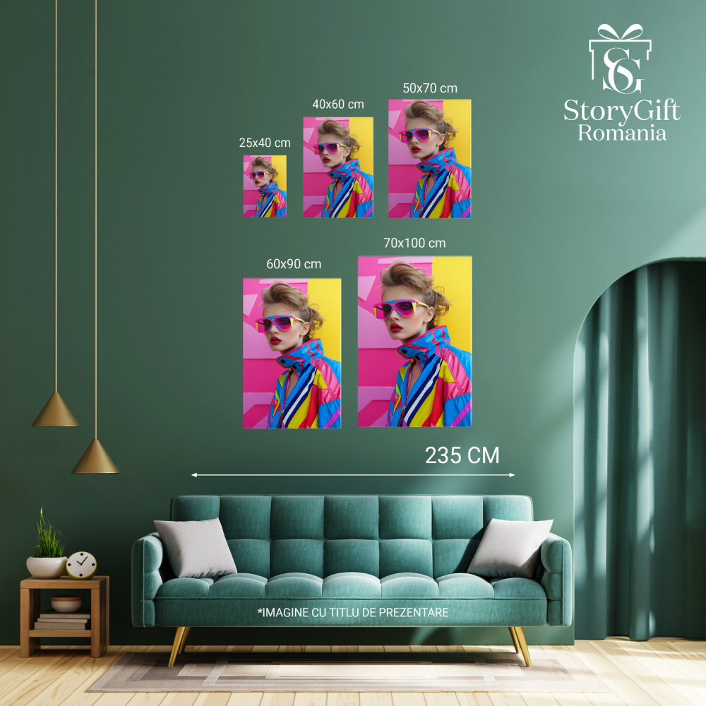 Stylish Blonde Woman in Colorful Jacket with Red Lips and Glasses Next to a Pink-Yellow Wall – Digital Art, Marime 40x25CM [4]