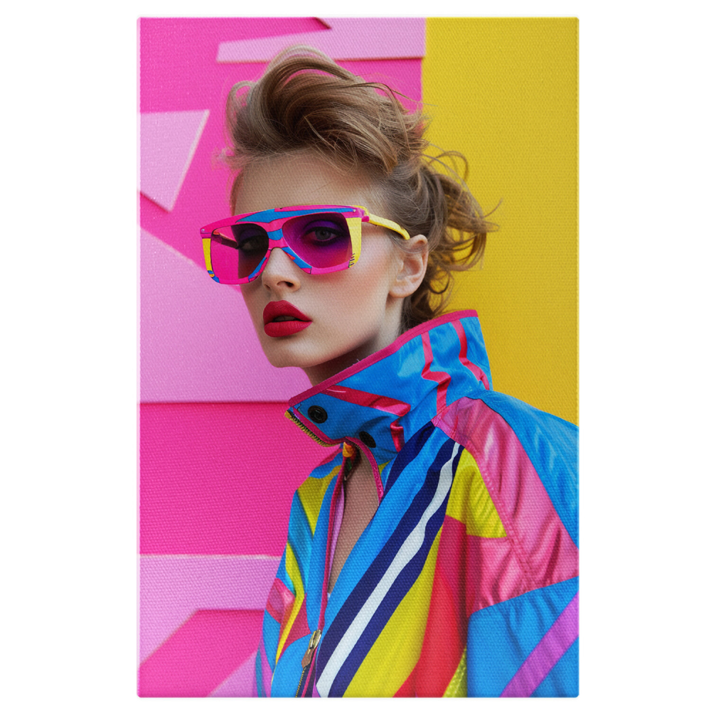 Stylish Blonde Woman in Colorful Jacket with Red Lips and Glasses Next to a Pink-Yellow Wall – Digital Art, Marime 40x25CM [1]