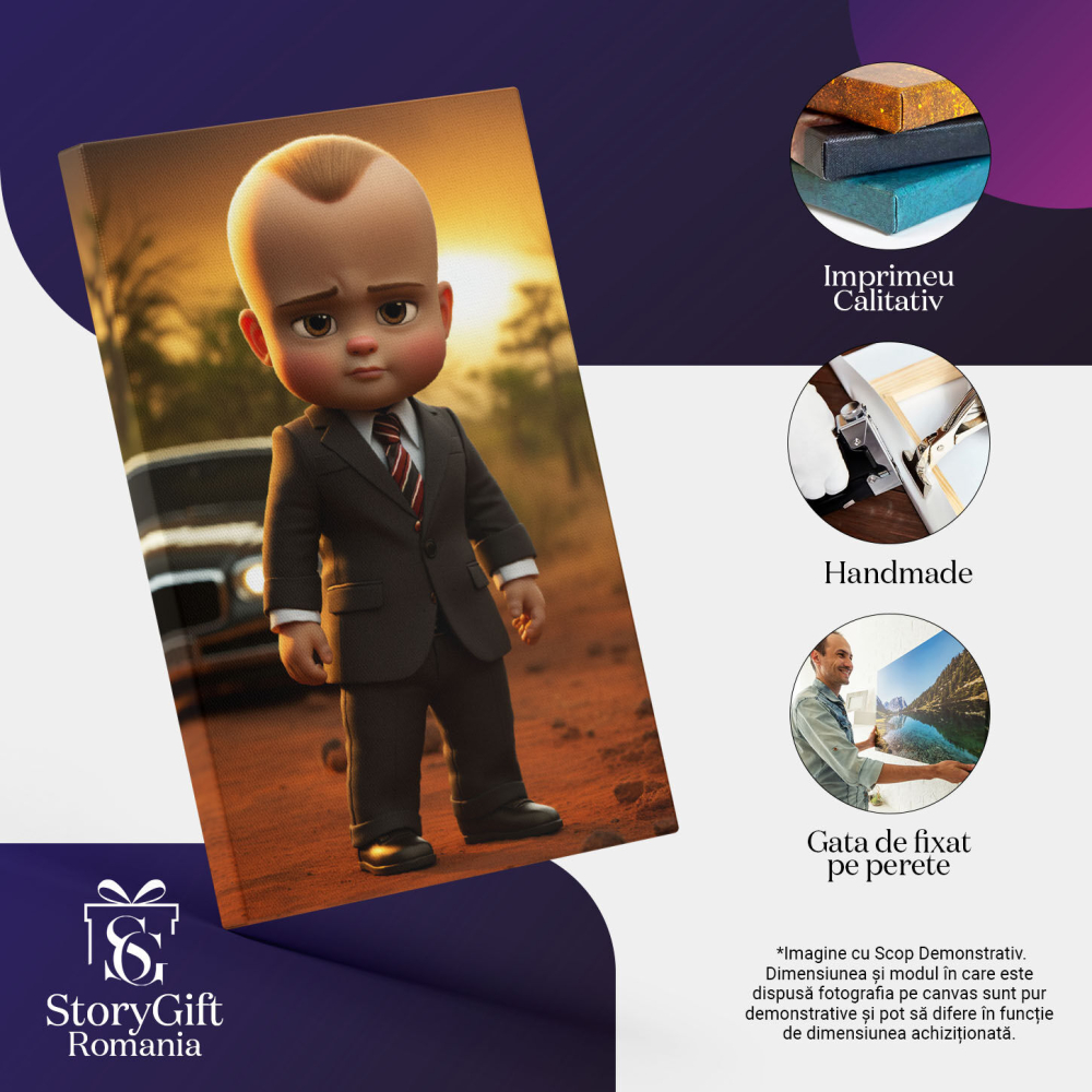 Tablou Canvas:  Boss Boy cu Ochii Caprui si Sacou Negru cu Masina in Spate pe un Pamant Pustiu Pictura Digitala 40x25CM [3]