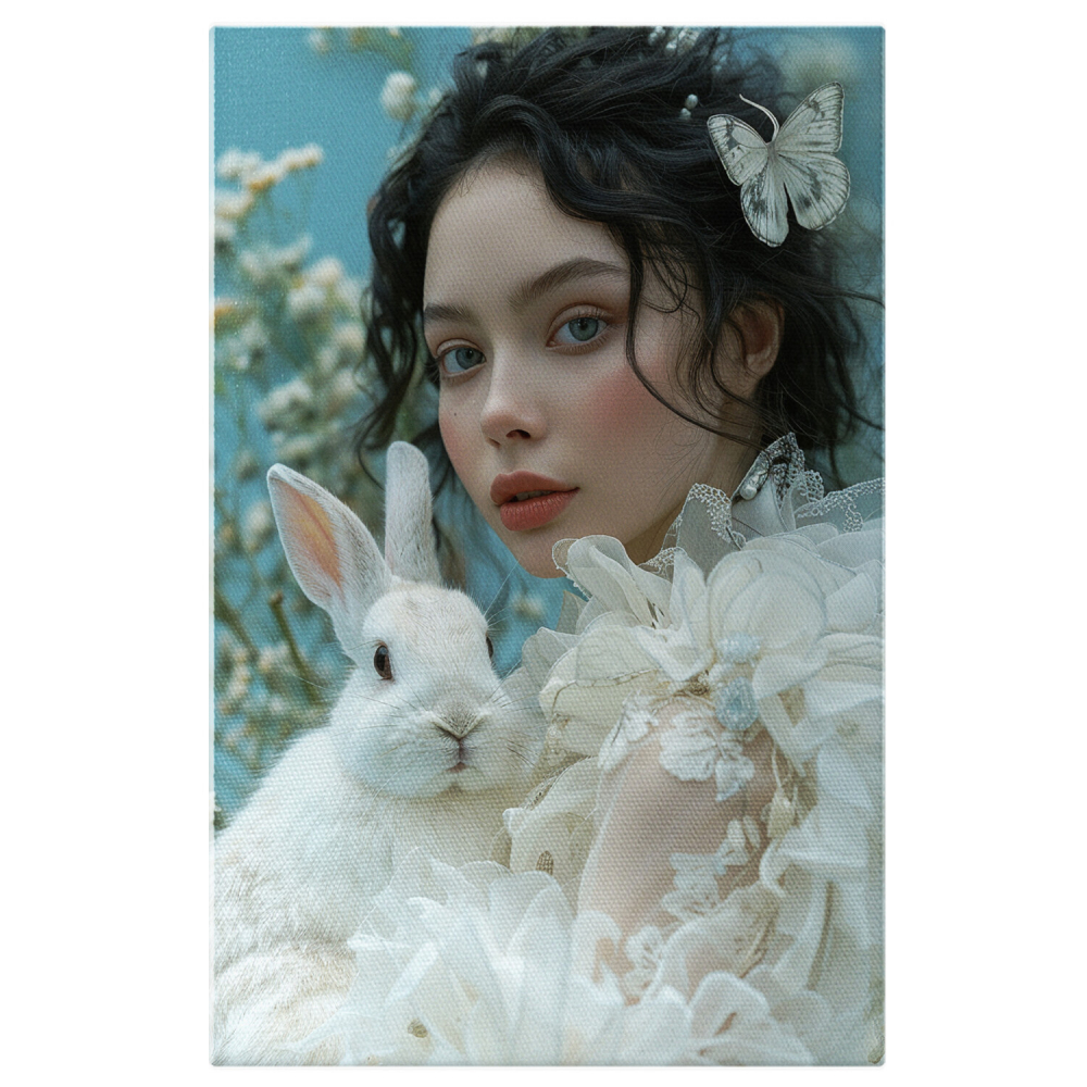 Tablou Canvas Brunetă cu Iepuraș Pufos și Fluture în Păr | Pictură Digitală, Marime 40x25CM [1]