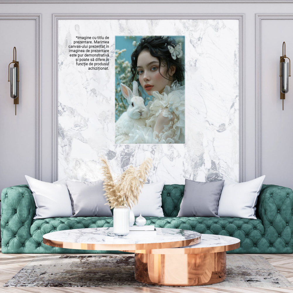 Tablou Canvas Brunetă cu Iepuraș Pufos și Fluture în Păr | Pictură Digitală, Marime 40x25CM [3]