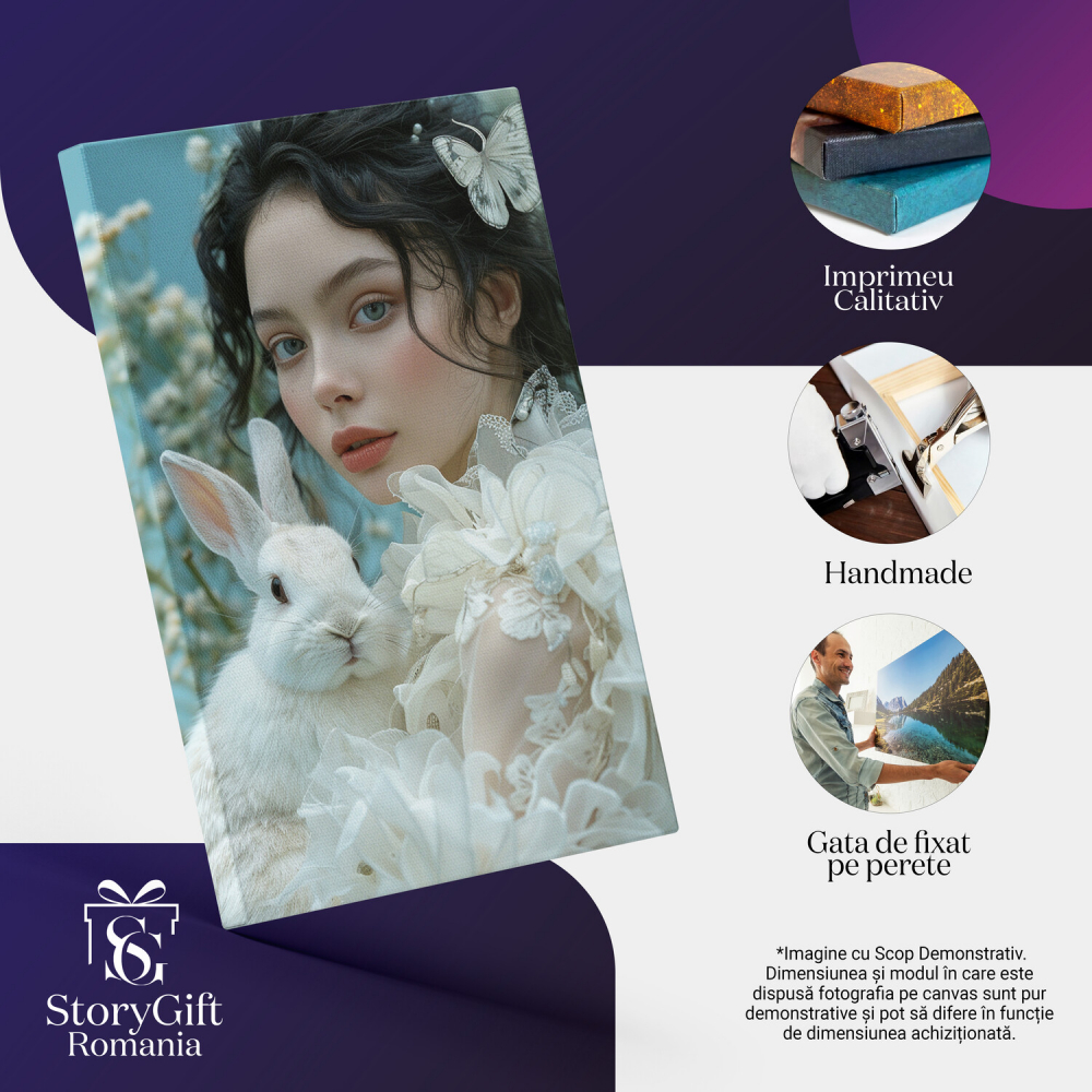 Tablou Canvas Brunetă cu Iepuraș Pufos și Fluture în Păr | Pictură Digitală, Marime 40x25CM [2]