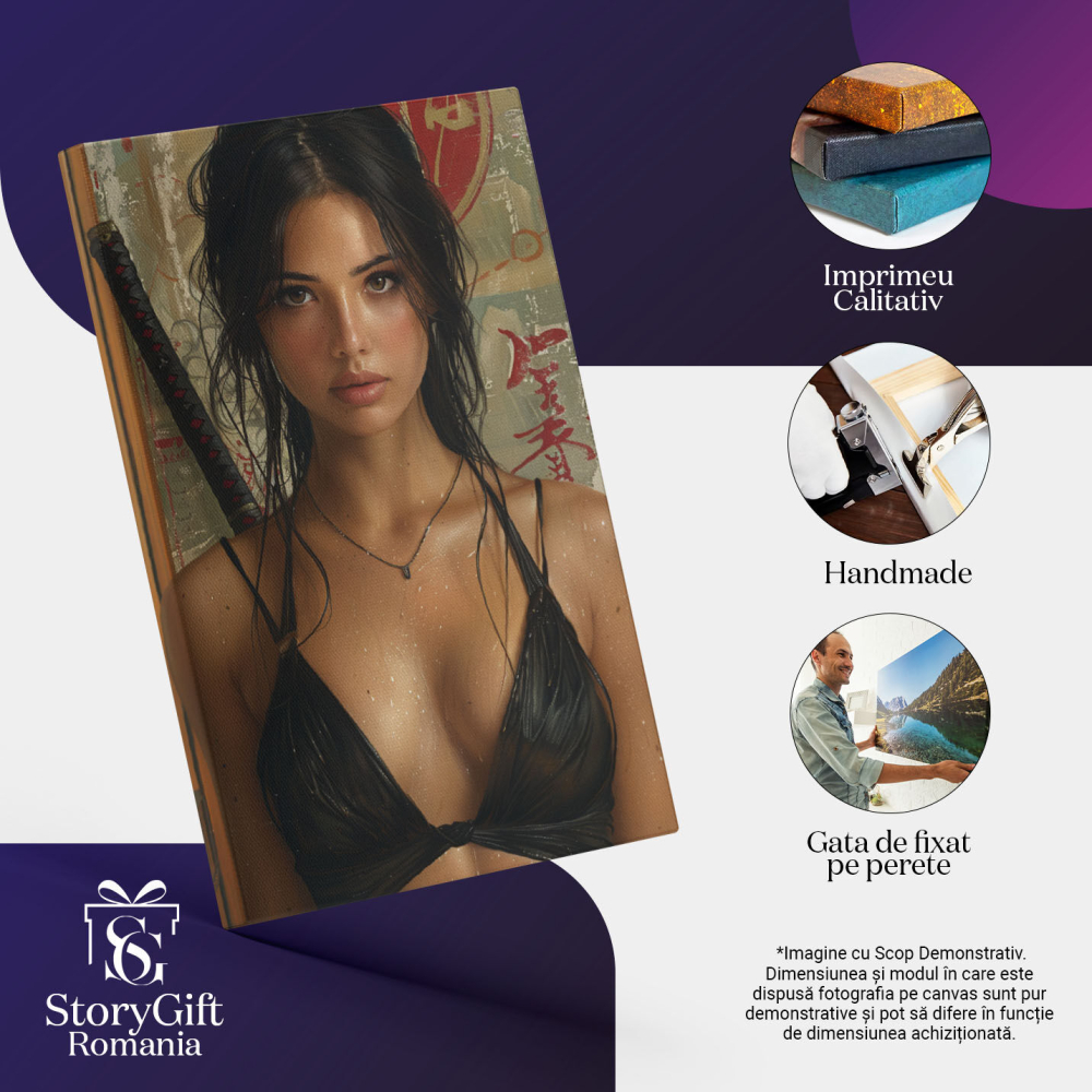 Tablou Canvas:  Brunetă Sexy în Sutien Negru cu Macetă și Fundal Litere Japoneze- Portrete Artistice Pictura Digitala 40x25CM [3]