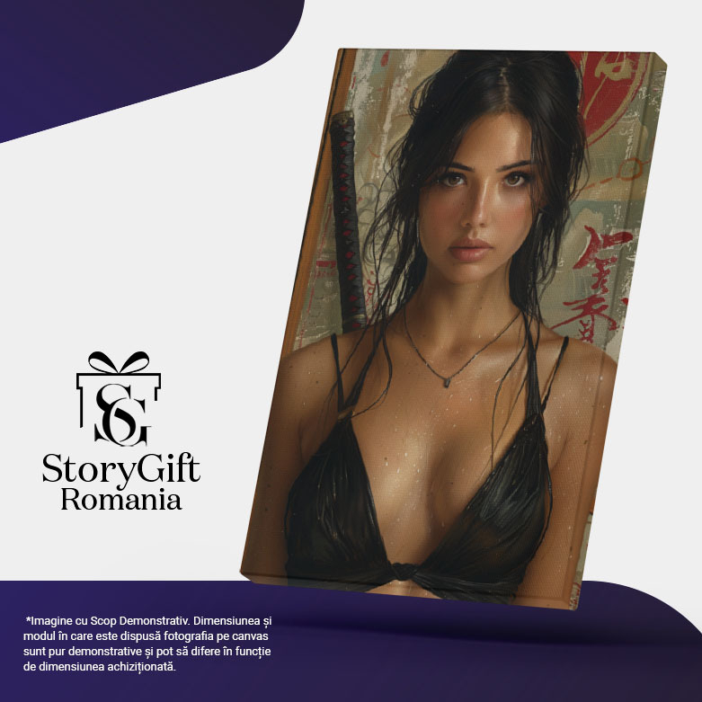 Tablou Canvas:  Brunetă Sexy în Sutien Negru cu Macetă și Fundal Litere Japoneze- Portrete Artistice Pictura Digitala 40x25CM [5]