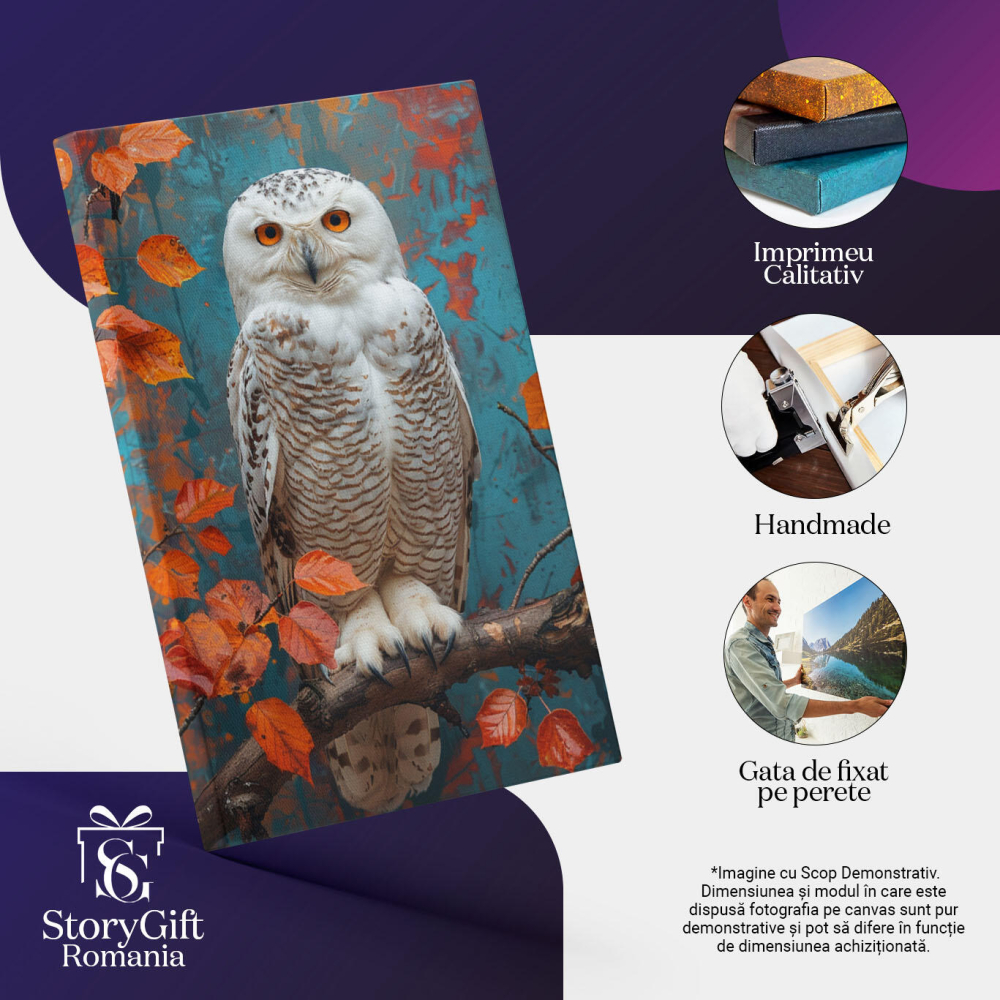 Tablou Canvas:  Bufniță între frunzele portocalii -Ochii bufniței ce se asortează cu frunzele Pictura Digitala 40x25CM [3]